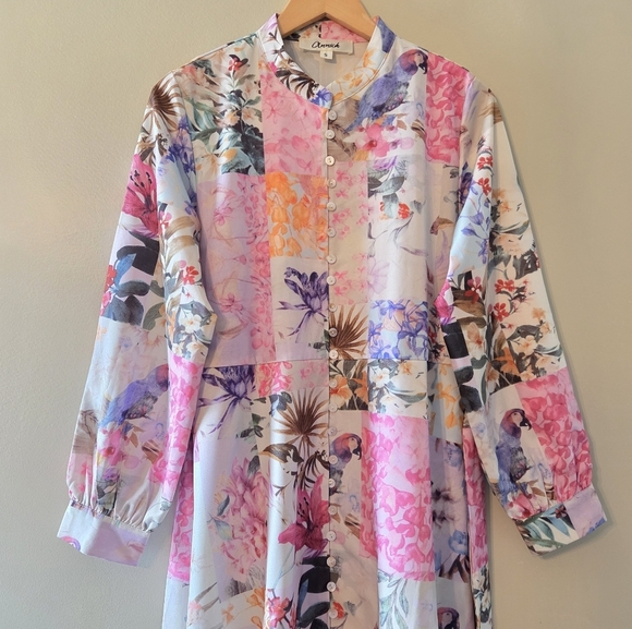 Annick Patchwork Tropical Floral Animal Print Midi Feminine Long Sleeve Dress S - Picture 4 of 13